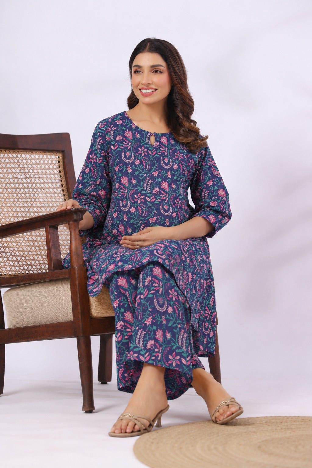 Vintage Blue Floral Cotton Maternity - Nursing Co-ord Set
