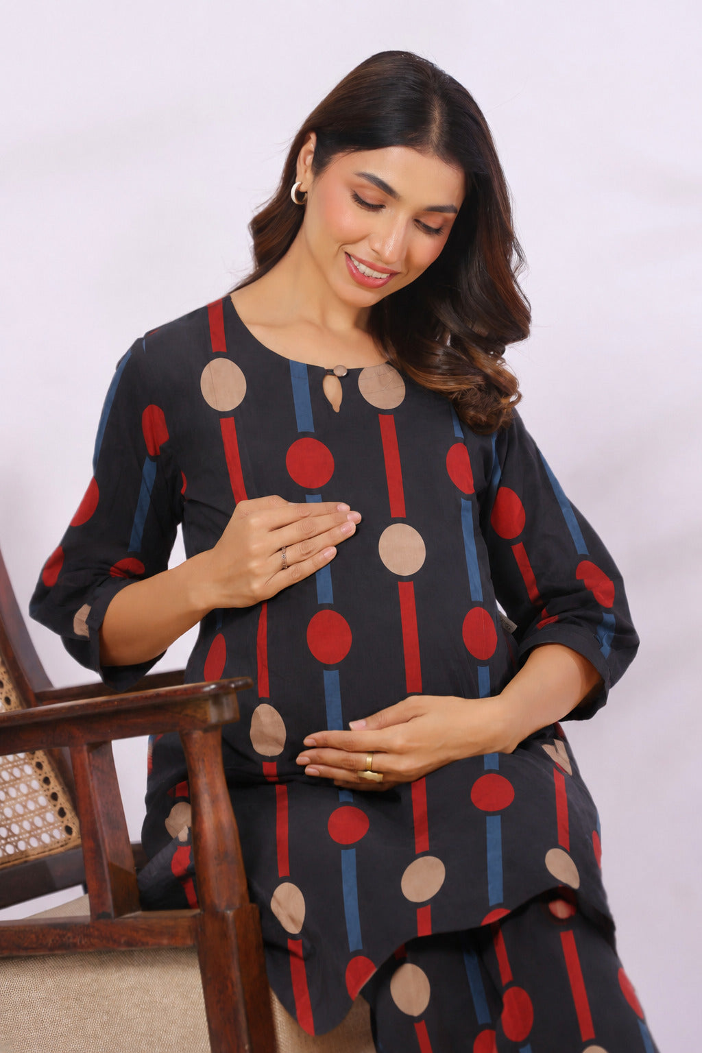 Black Geometric Ajrakh Cotton Maternity - Nursing Co-ord Set