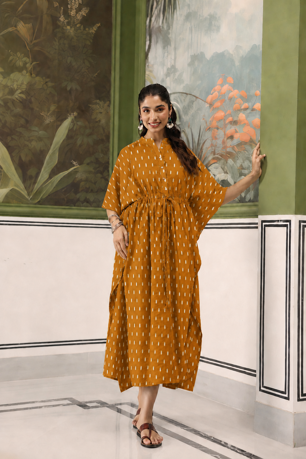 Mustard Loom Print Cotton Maternity - Nursing Kaftan ( One-Size )