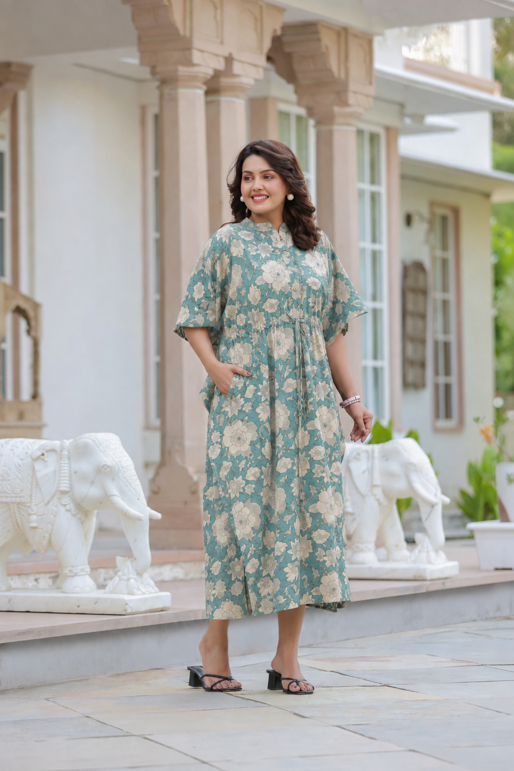 Teal Gardenia Cotton Kaftan ( One-Size )