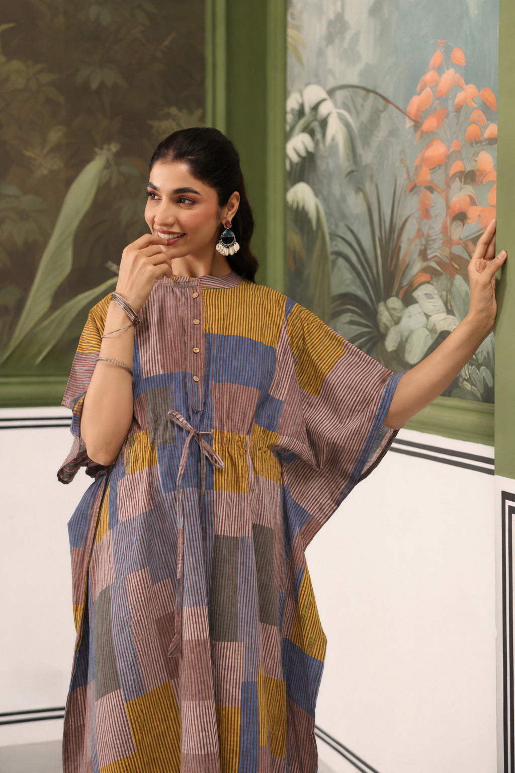 Ocean Blue Multi Panelled Cotton Maternity - Nursing Kaftan ( One-Size )