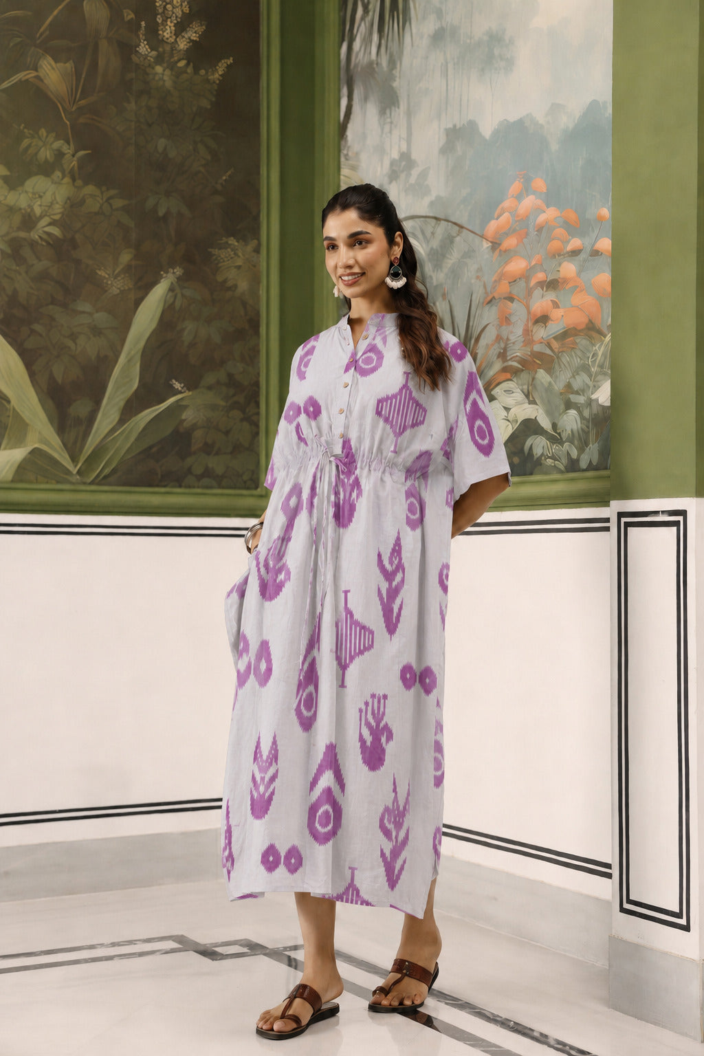 French Grey Classic Ikat Cotton Maternity - Nursing Kaftan ( One-Size )