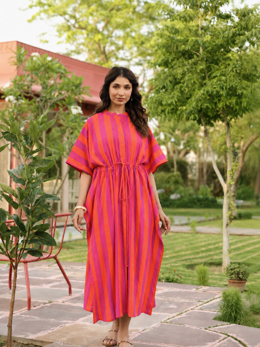 Rani Coral Stripes Cotton Kaftan ( One-Size )