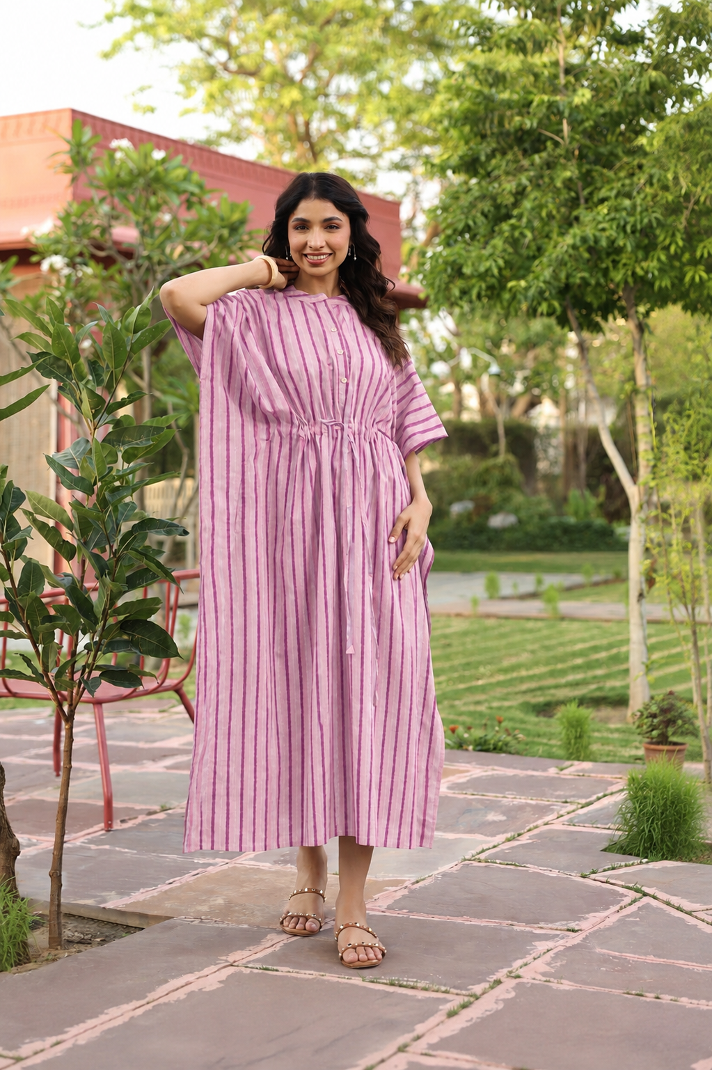 Lilac Dream Striped Cotton Kaftan ( One-Size )