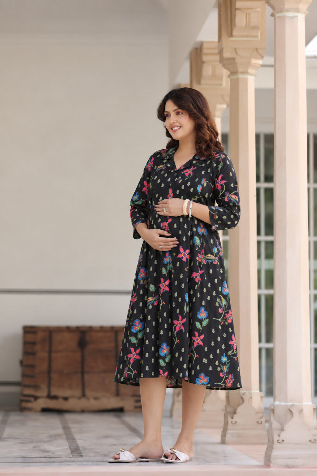 Wildflower Noir Cotton Maternity - Nursing Dress
