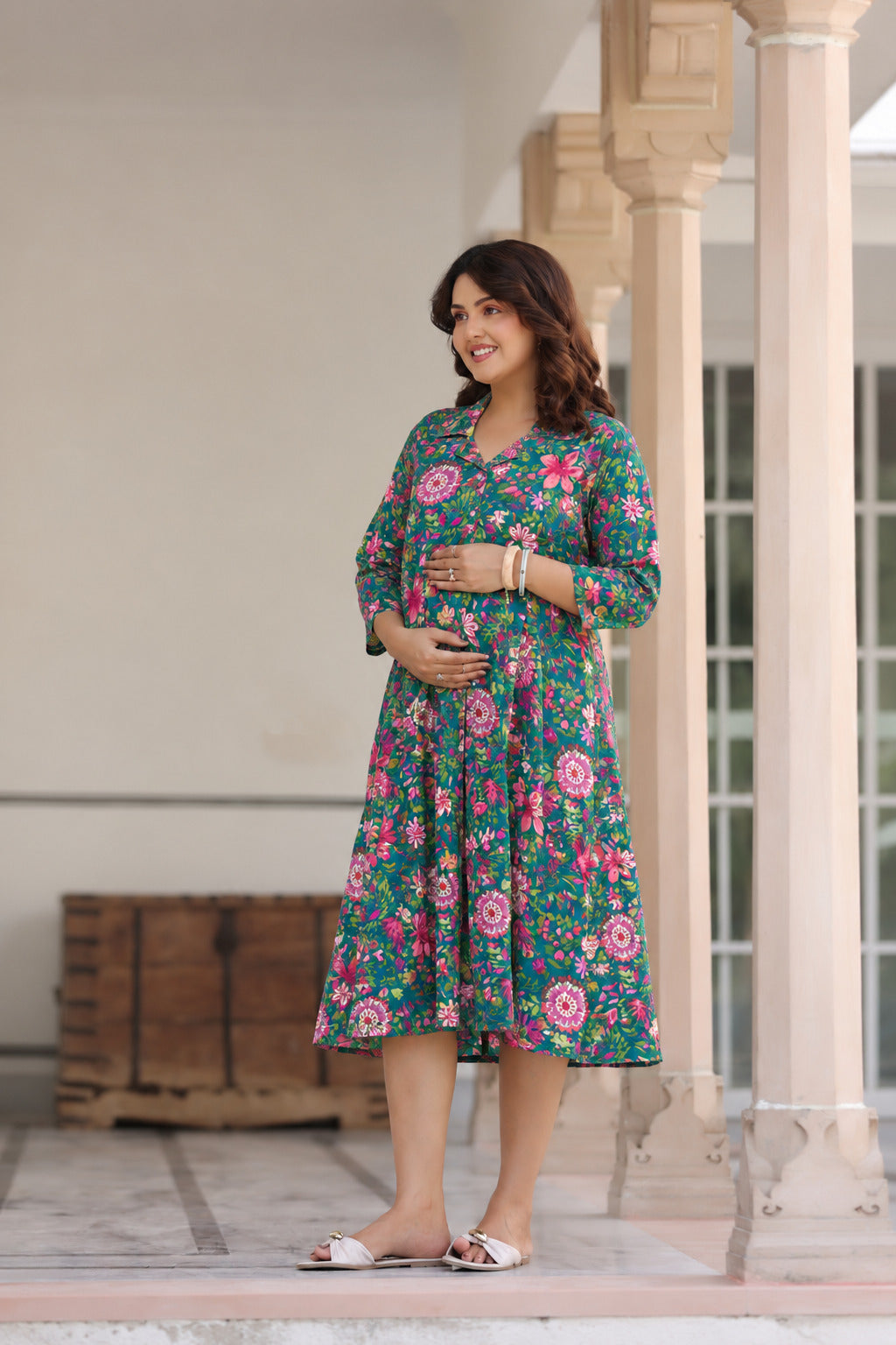 Emerald Bloom Cotton Maternity - Nursing Dress