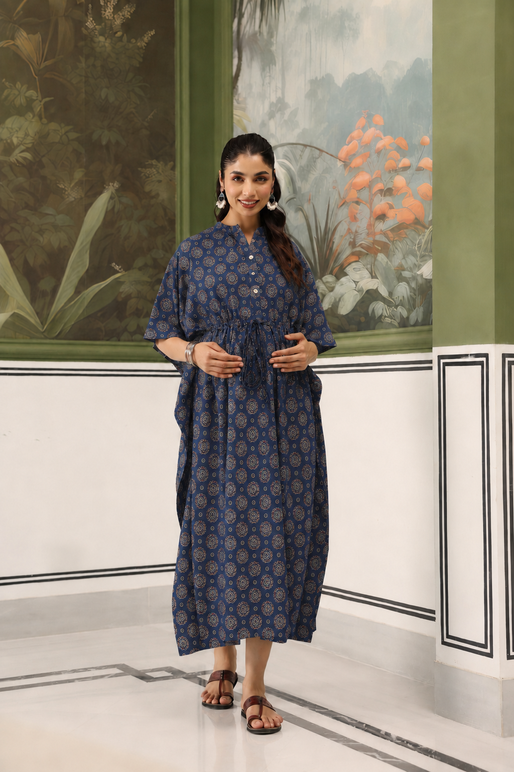 Indigo Mandala Bloom Cotton Maternity - Nursing Kaftan ( One-Size )