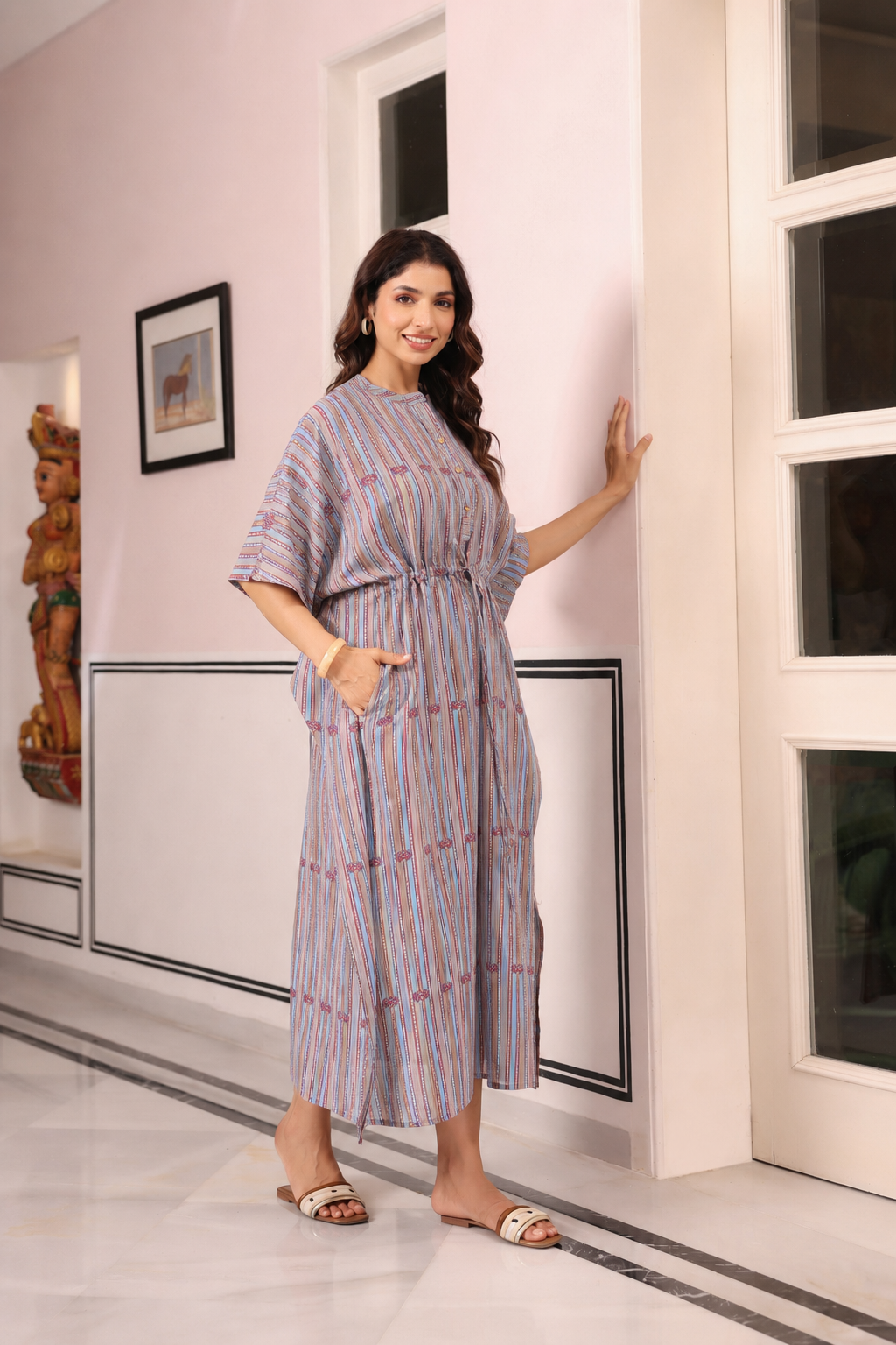 Azure Ajrakh Lines Cotton Kaftan ( One-Size )