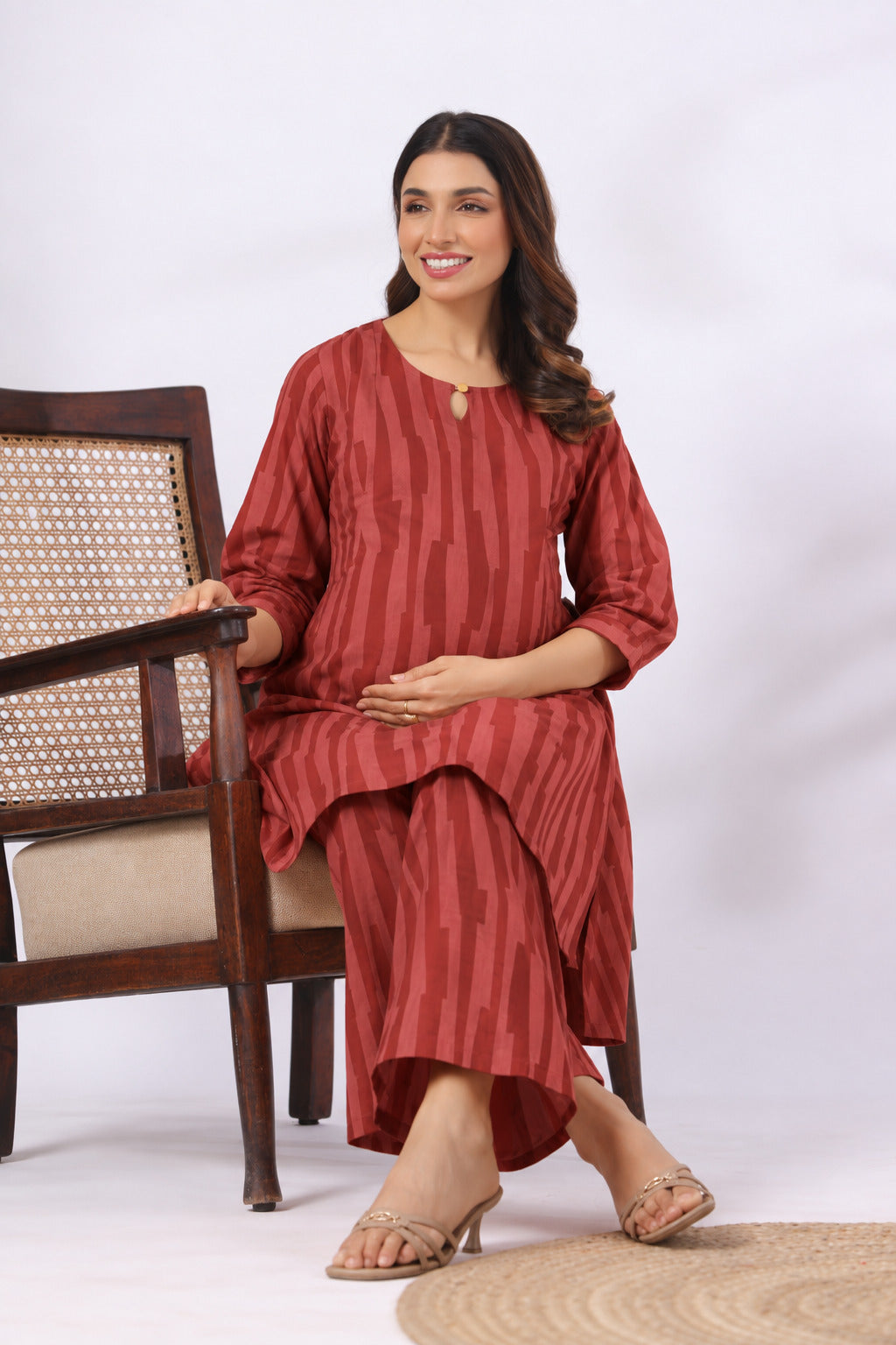 Rust Abstract Stripe Cotton Maternity - Nursing Co-ord Set