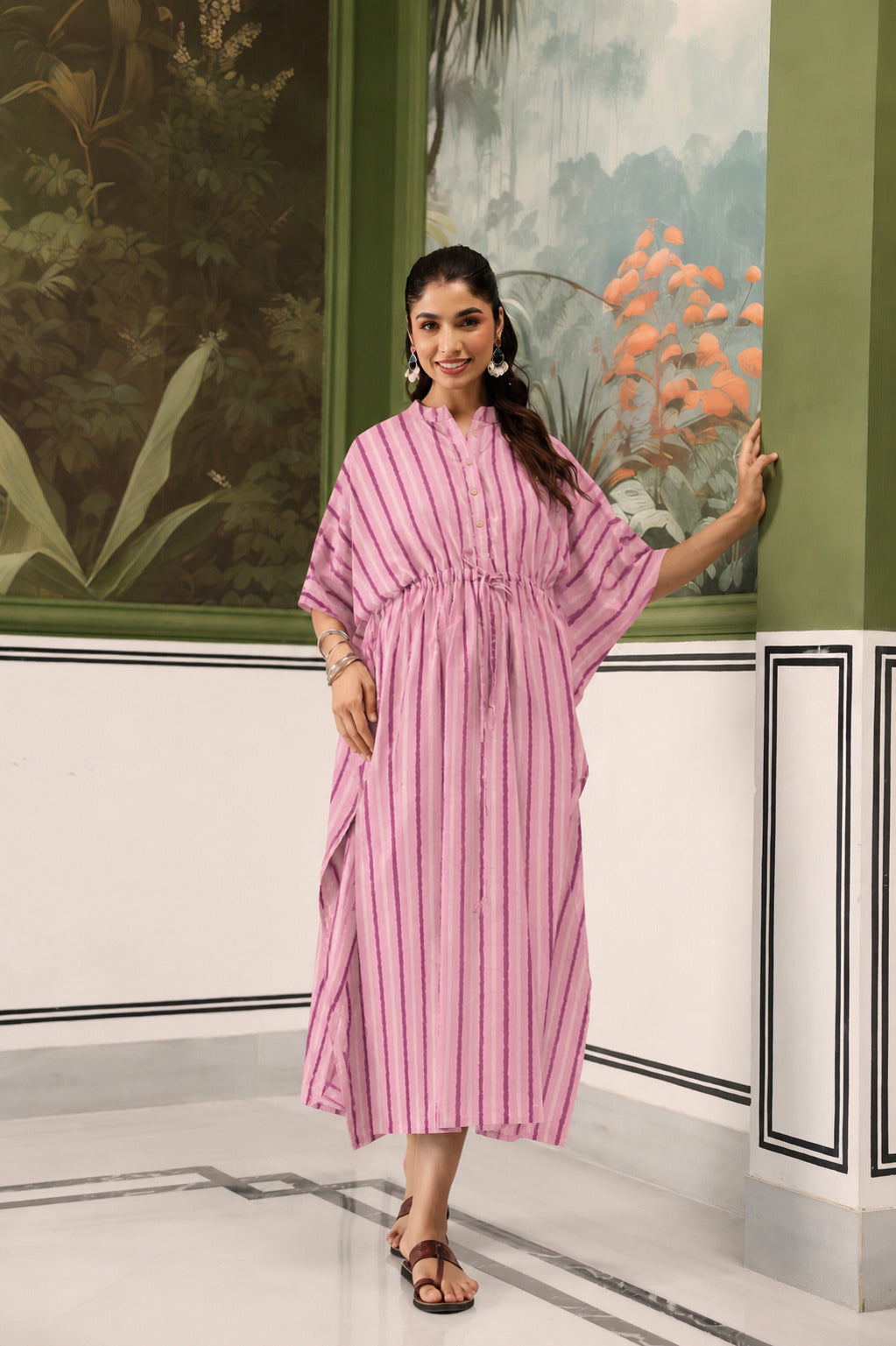 Lilac Dream Striped Cotton Maternity - Nursing Kaftan ( One-Size )
