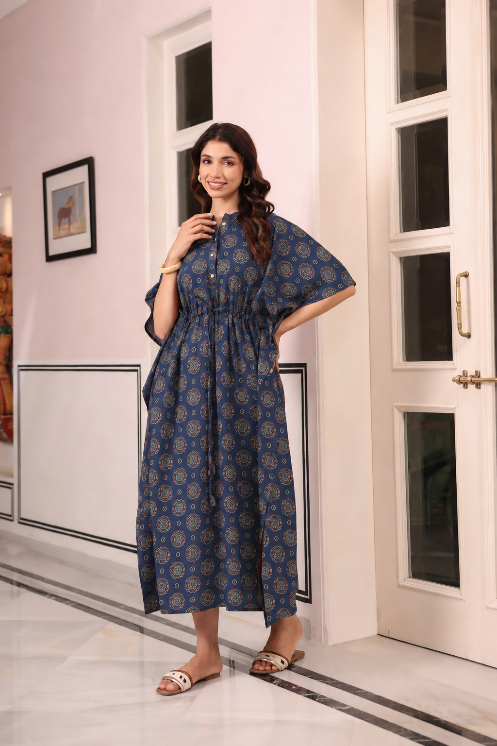 Indigo Mandala Bloom Cotton Kaftan ( One-Size )