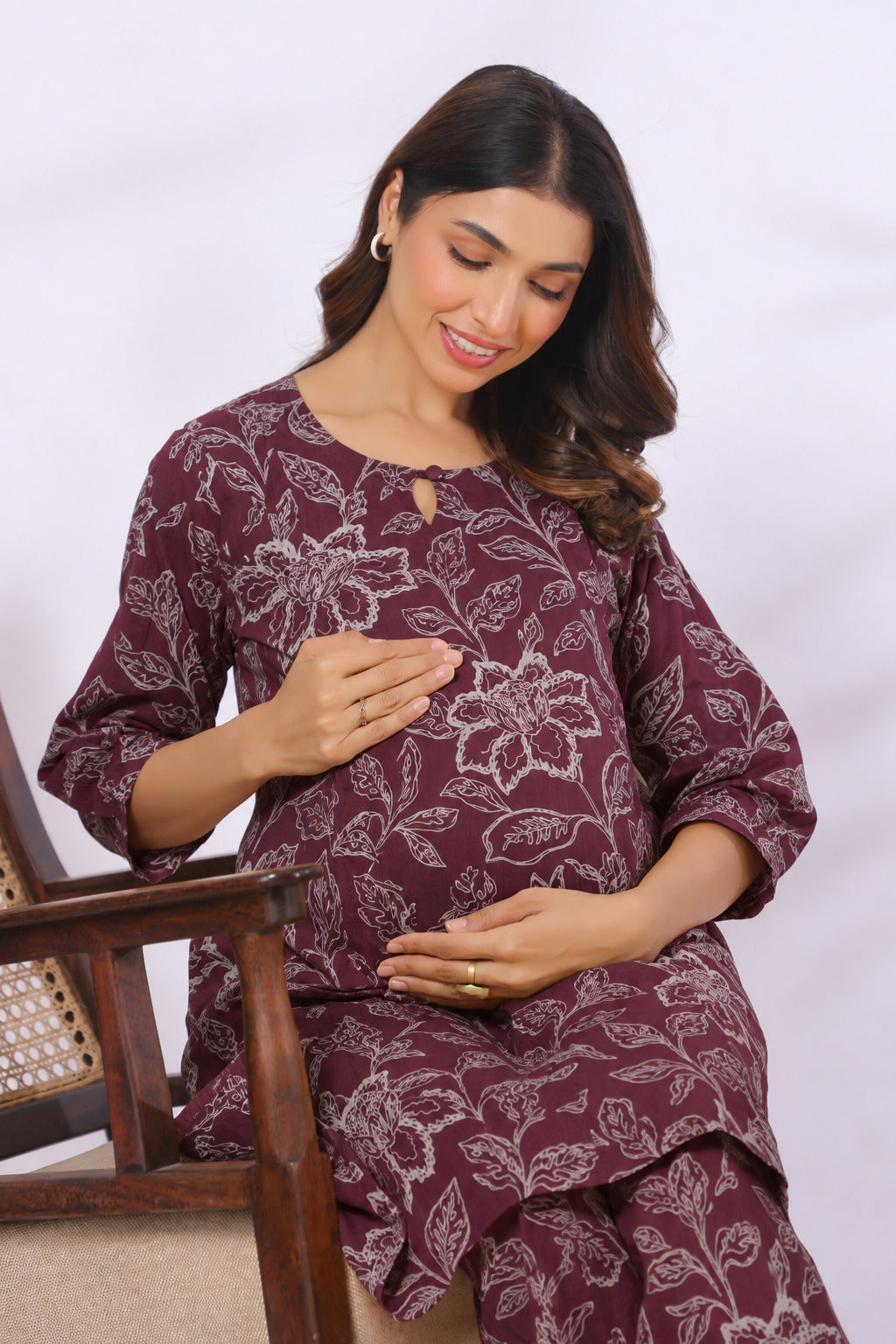 Plum Leaf Print Cotton Maternity - Nursing Co-ord Set