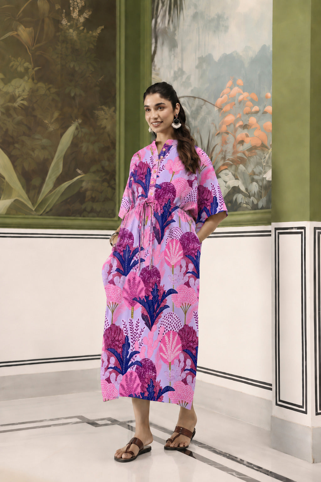 Lavender Bloom Garden Cotton Maternity - Nursing Kaftan ( One-Size )