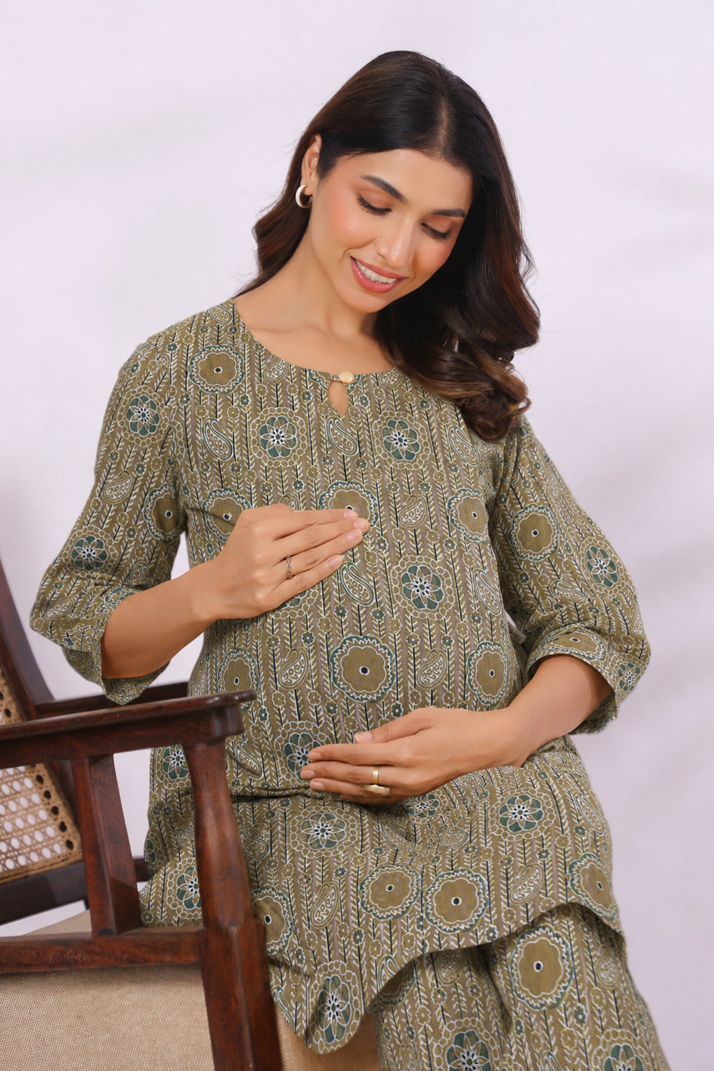Olive Kalamkari Cotton Maternity - Nursing Co-ord Set