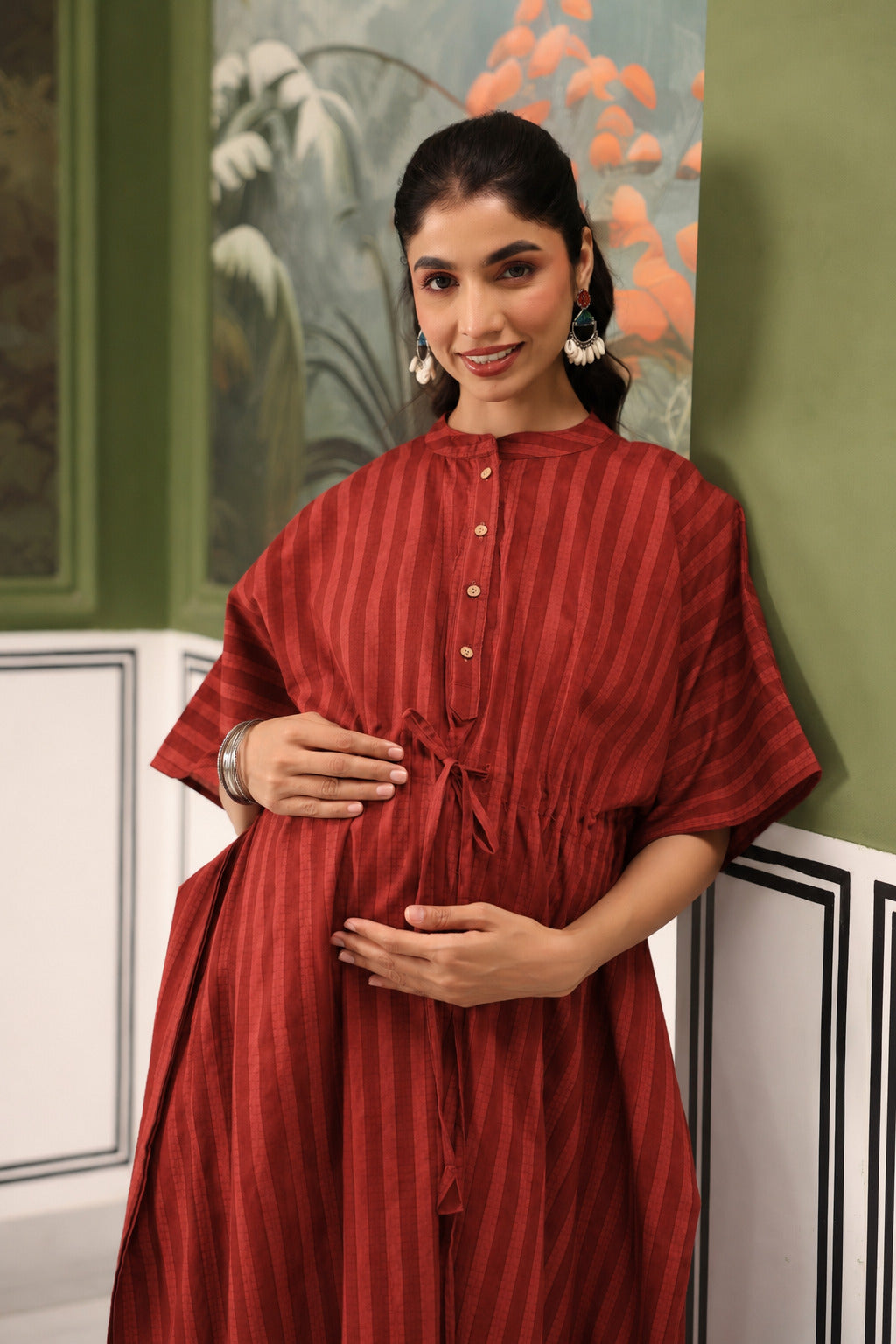 Rust Abstract Stripe Cotton Maternity - Nursing Kaftan ( One-Size )
