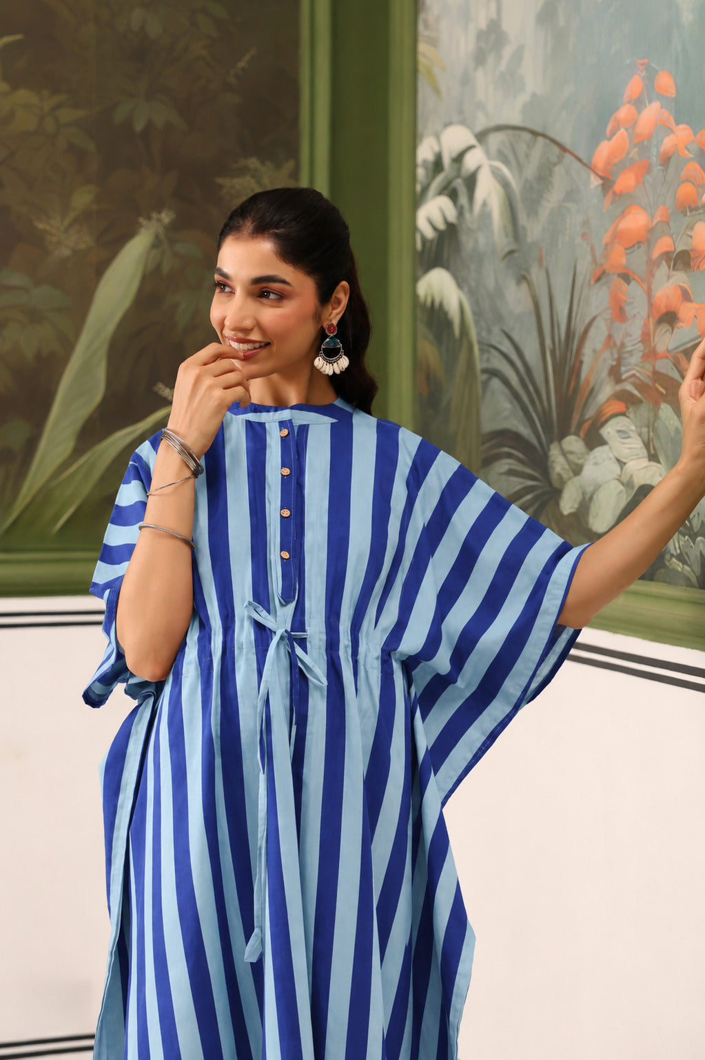 Ocean Lines Cotton Maternity - Nursing Kaftan ( One-Size )