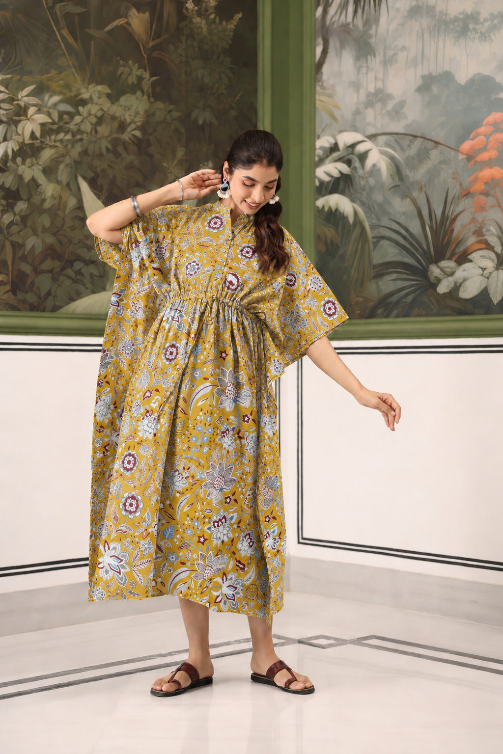 Wildflower Gold Cotton Maternity - Nursing Kaftan ( One-Size )