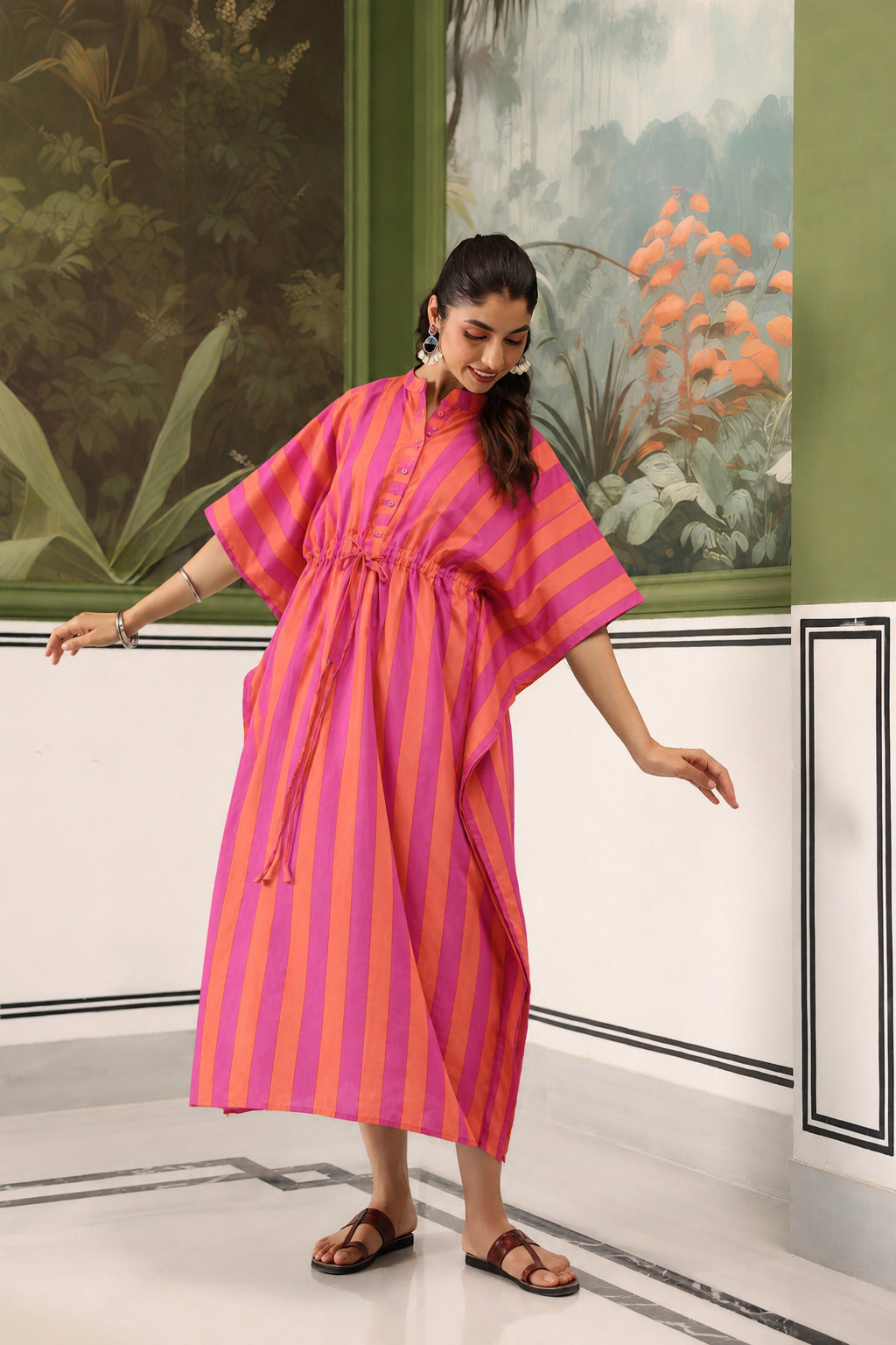 Rani Coral Stripes Cotton Maternity - Nursing Kaftan ( One-Size )
