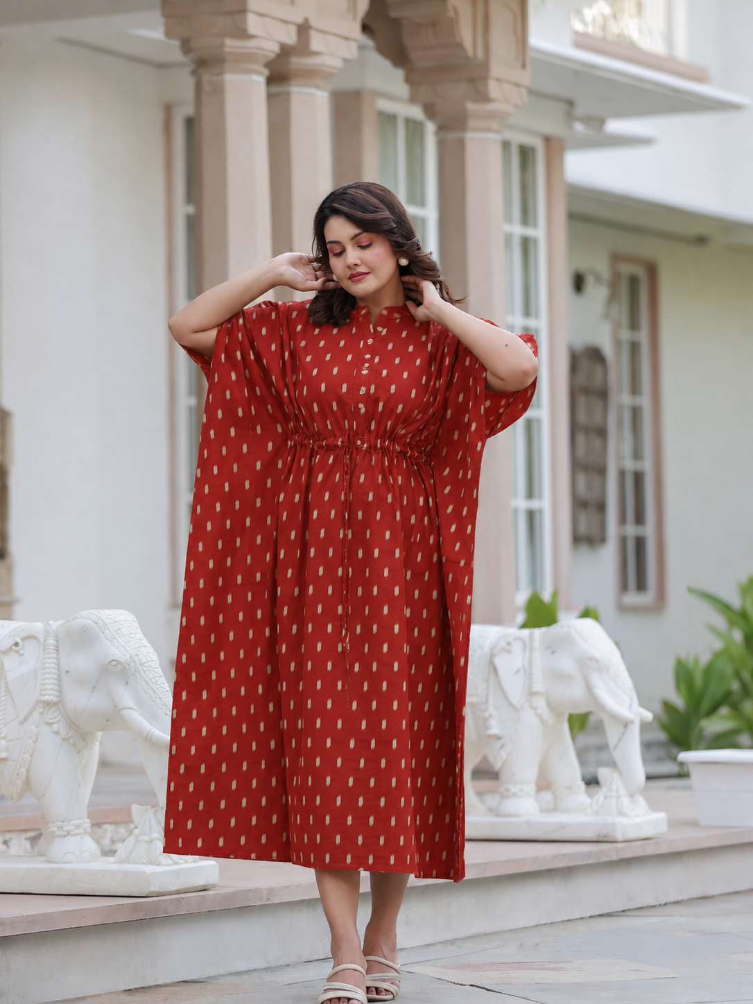 Maroon Loom Print Cotton Kaftan ( One-Size )