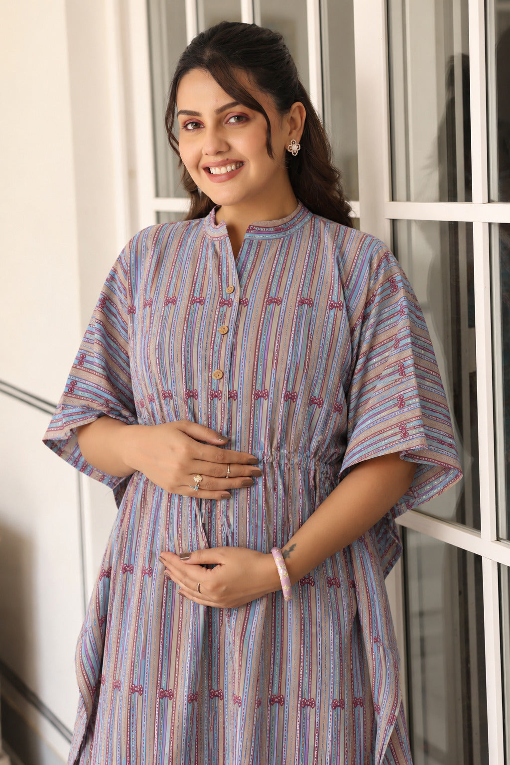 Azure Ajrakh Lines Cotton Maternity - Nursing Kaftan ( One-Size )