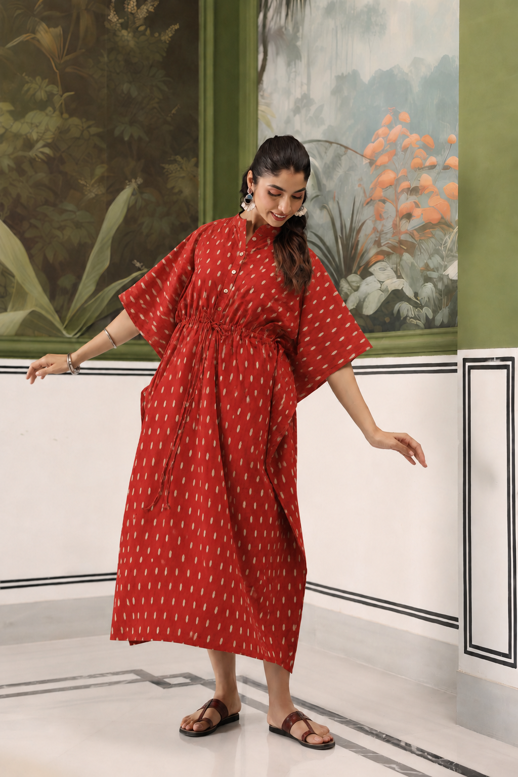 Maroon Loom Print Cotton Maternity - Nursing Kaftan ( One-Size )