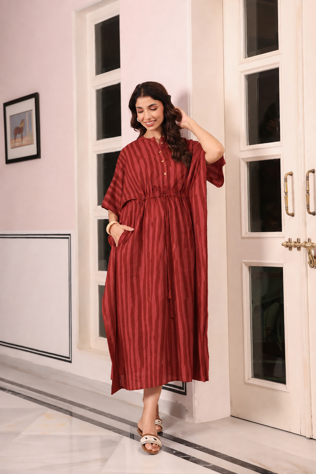 Rust Abstract Stripe Cotton Kaftan ( One-Size )