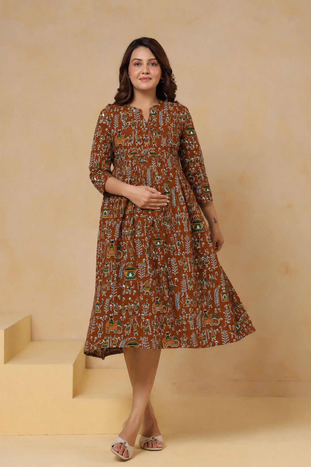 Rust Heritage Art Cotton Maternity - Nursing Dress
