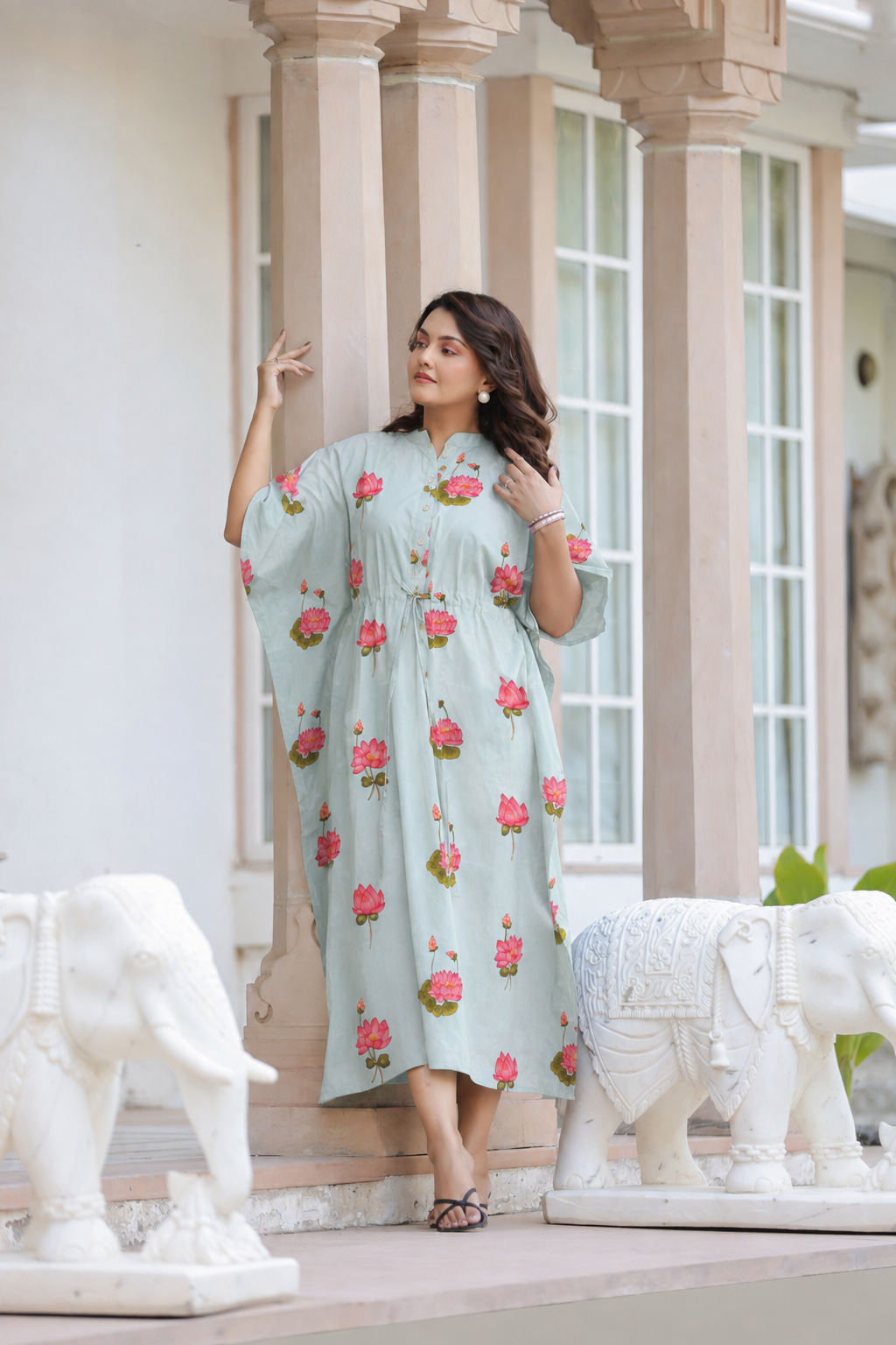 Vintage Lotus Pond Cotton Kaftan ( One-Size )