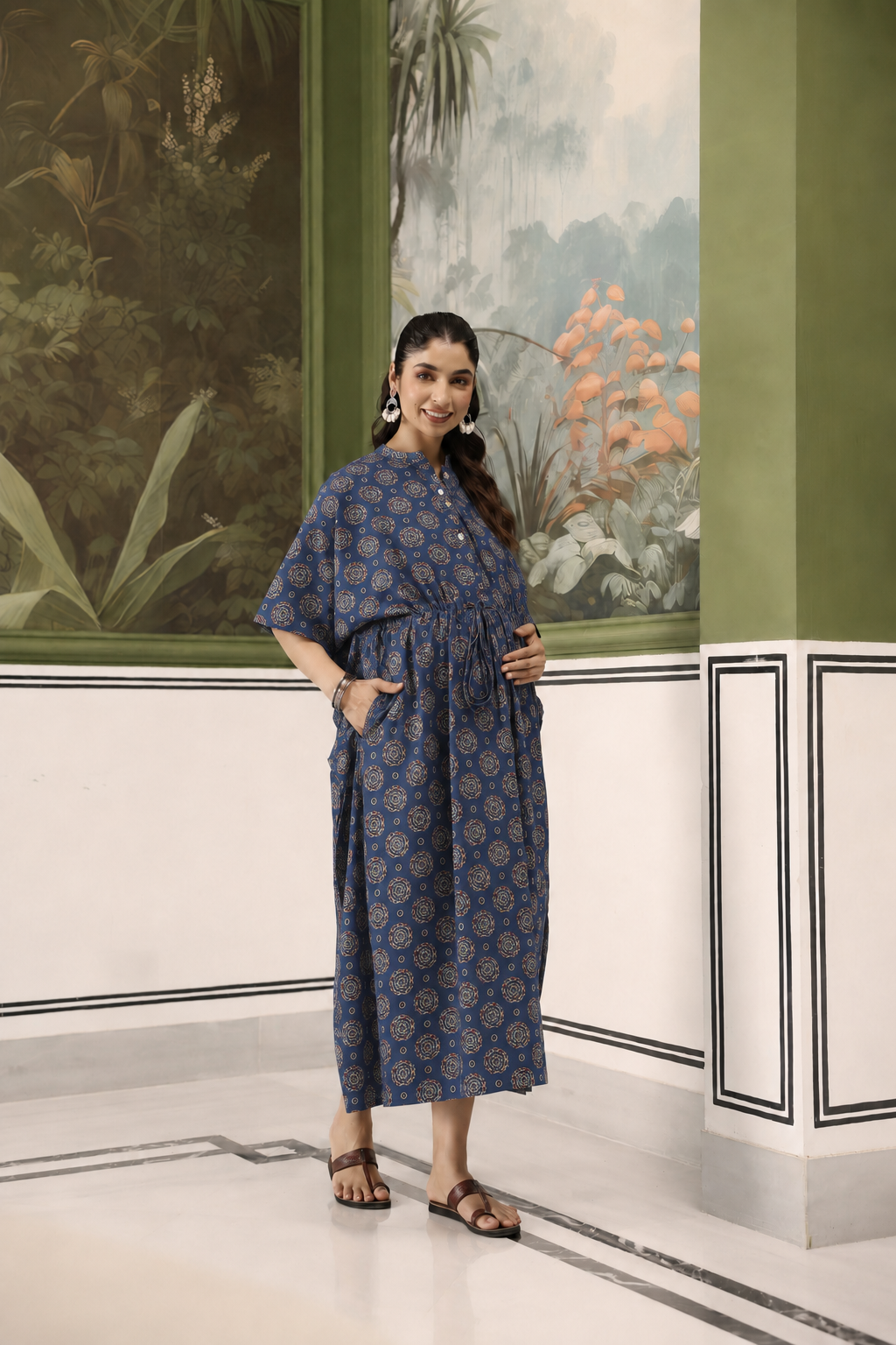 Indigo Mandala Bloom Cotton Maternity - Nursing Kaftan ( One-Size )