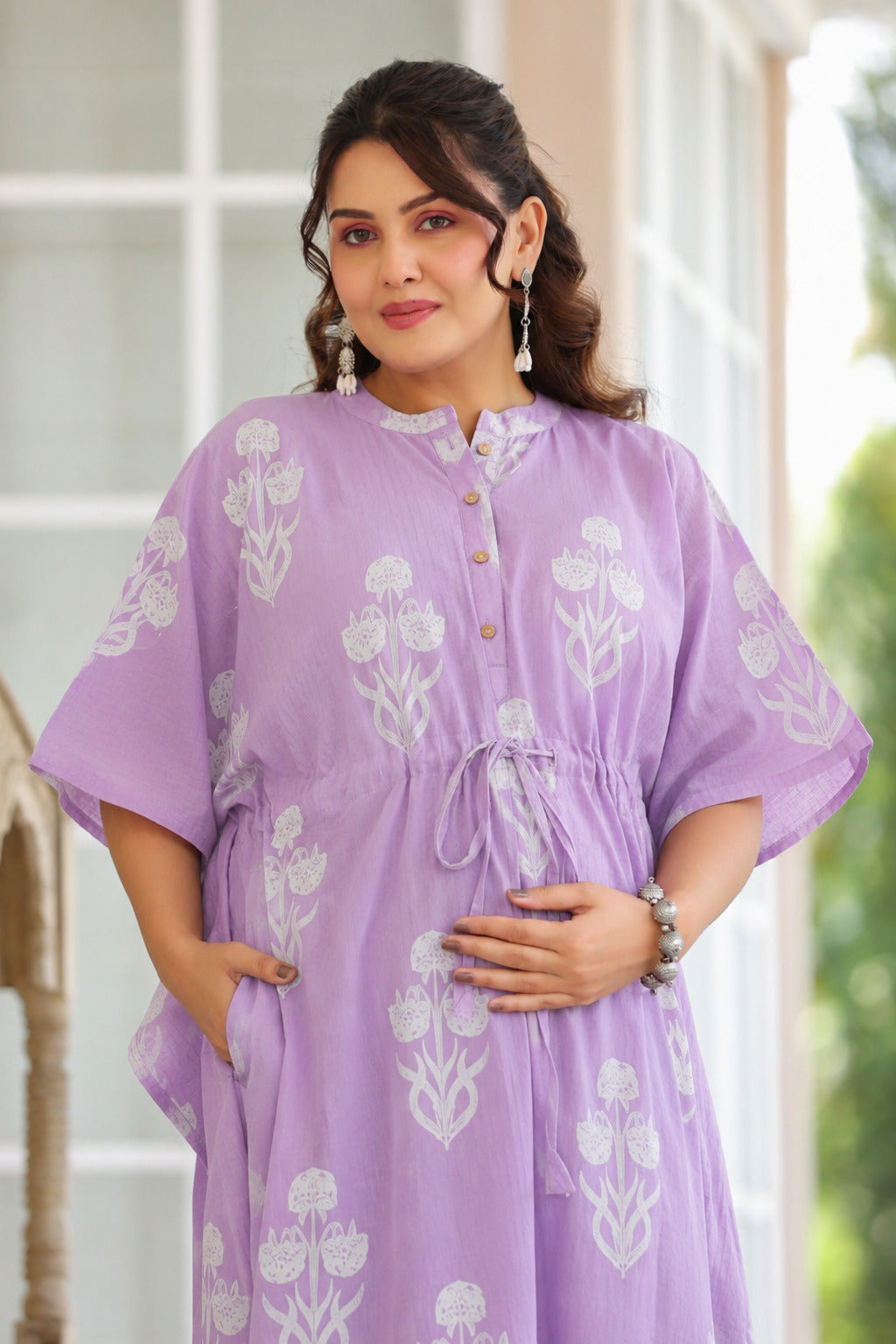 Lavender Dream Boota Cotton Maternity - Nursing Kaftan ( One-Size )