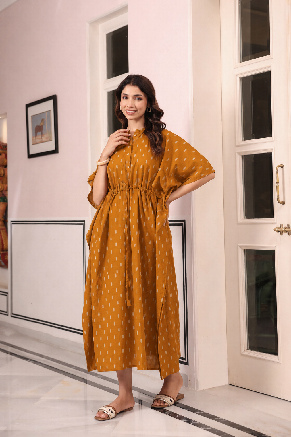 Mustard Loom Print Cotton Kaftan ( One-Size )