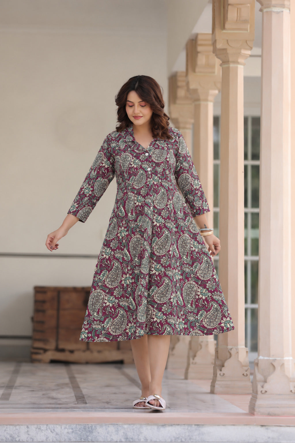 Burgundy Jaal Cotton Maternity - Nursing Dress