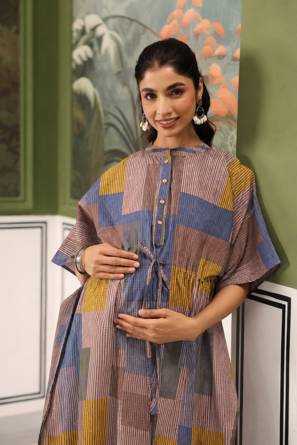 Ocean Blue Multi Panelled Cotton Maternity - Nursing Kaftan ( One-Size )