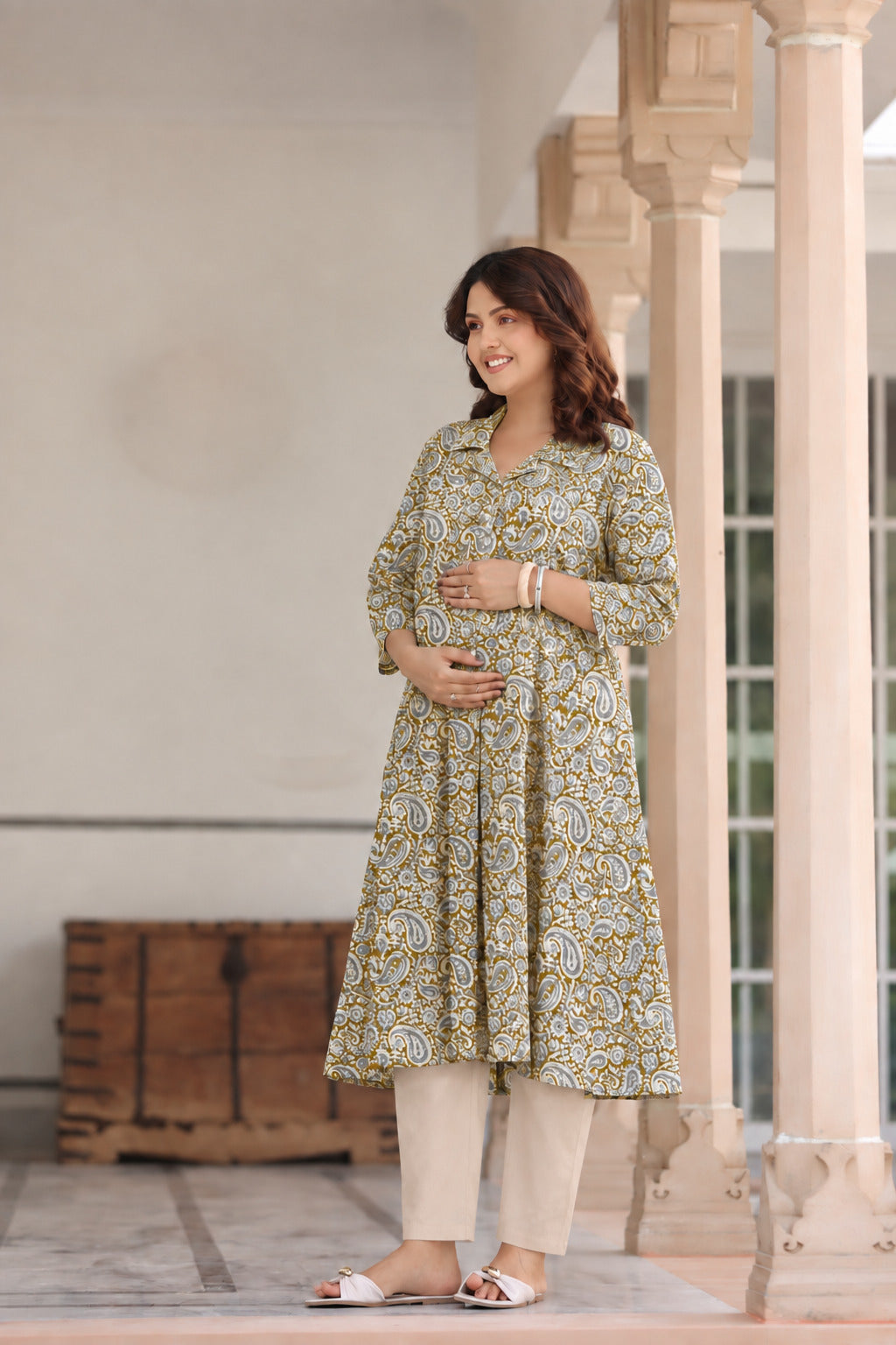 Olive Paisley Cotton Maternity - Nursing Kurti