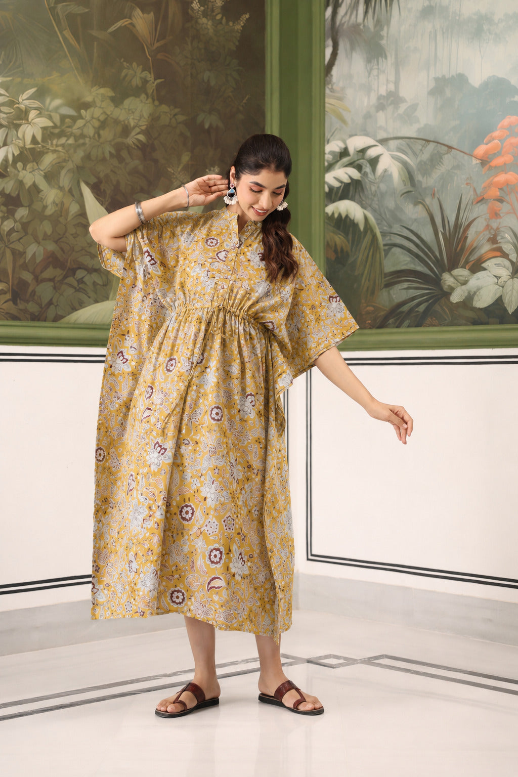 Wildflower Gold Cotton Maternity - Nursing Kaftan ( One-Size )