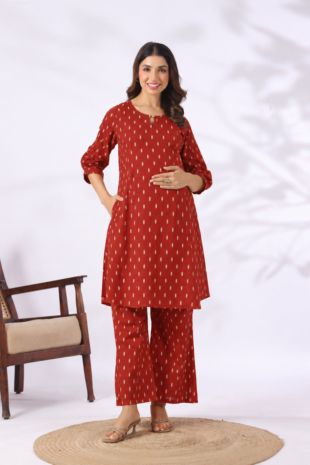 Maroon Loom Print Cotton Maternity - Nursing Co-ord Set