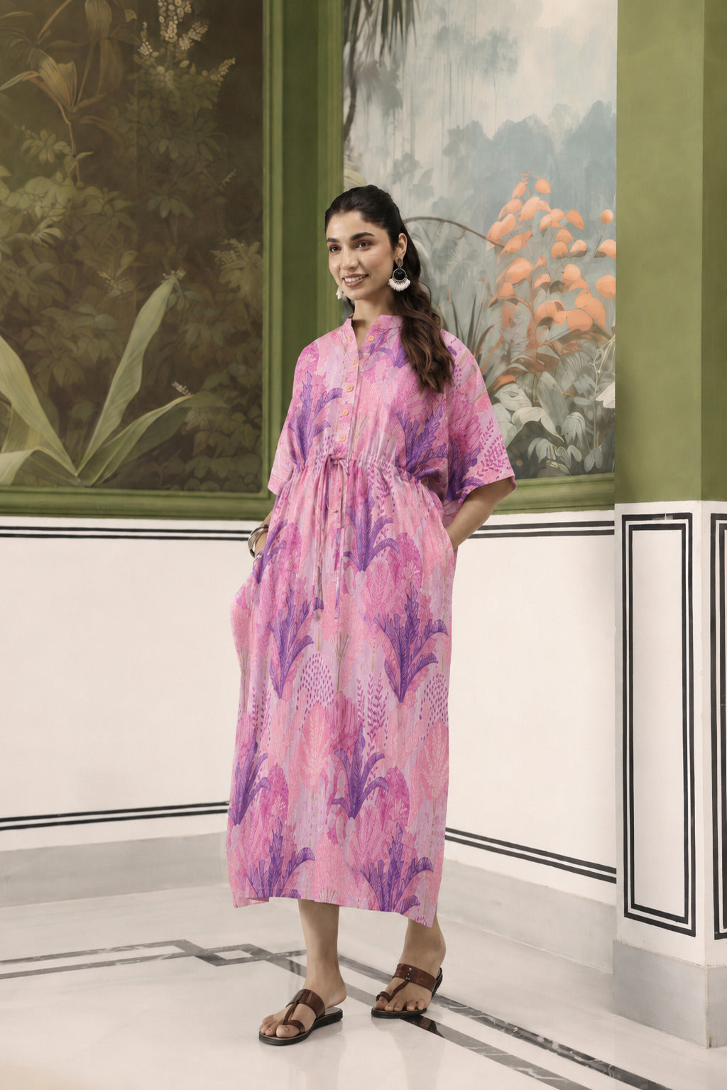 Lavender Bloom Garden Cotton Maternity - Nursing Kaftan ( One-Size )
