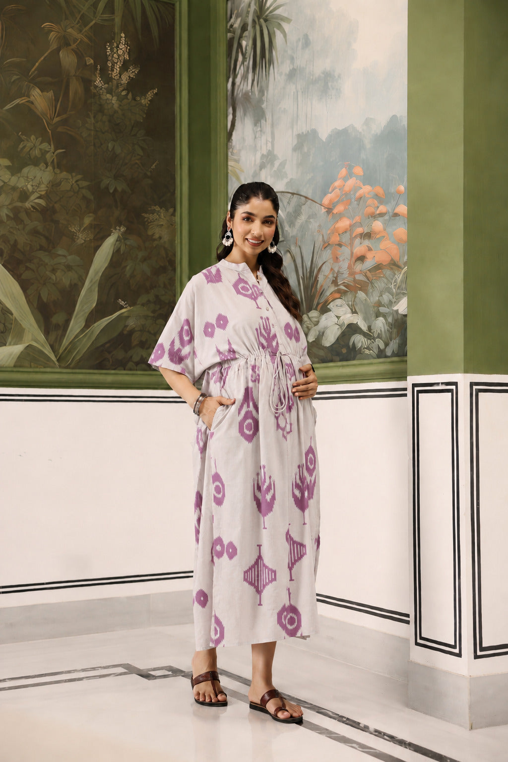 French Grey Classic Ikat Cotton Maternity - Nursing Kaftan ( One-Size )