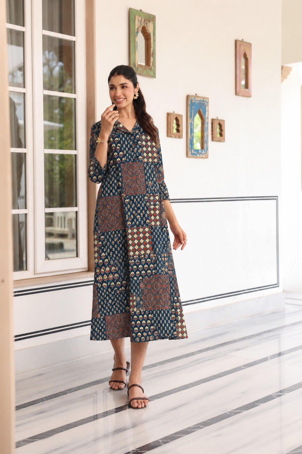Indigo Patchwork Cotton Maternity - Nursing Dress