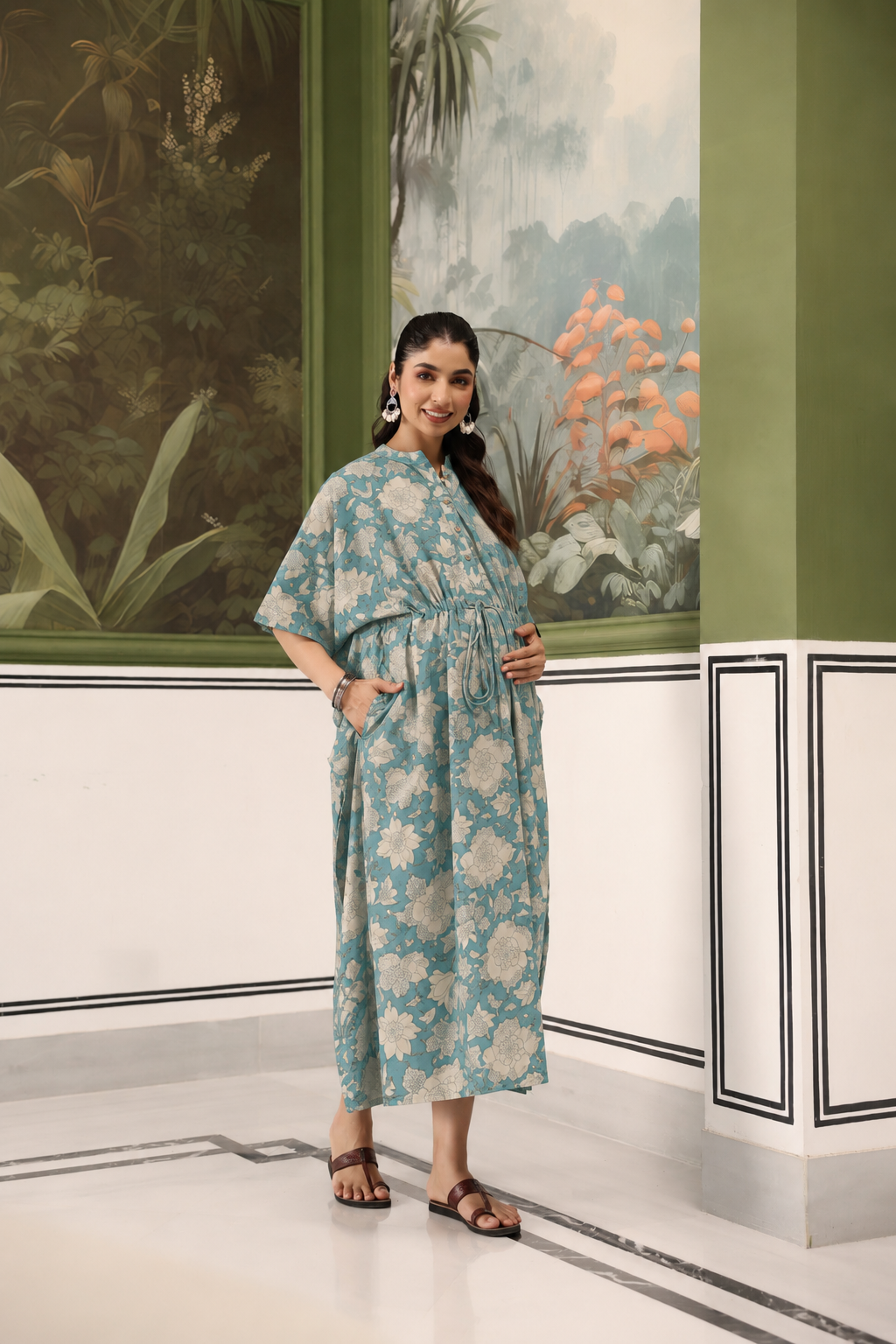 Teal Gardenia Cotton Maternity - Nursing Kaftan ( One-Size )