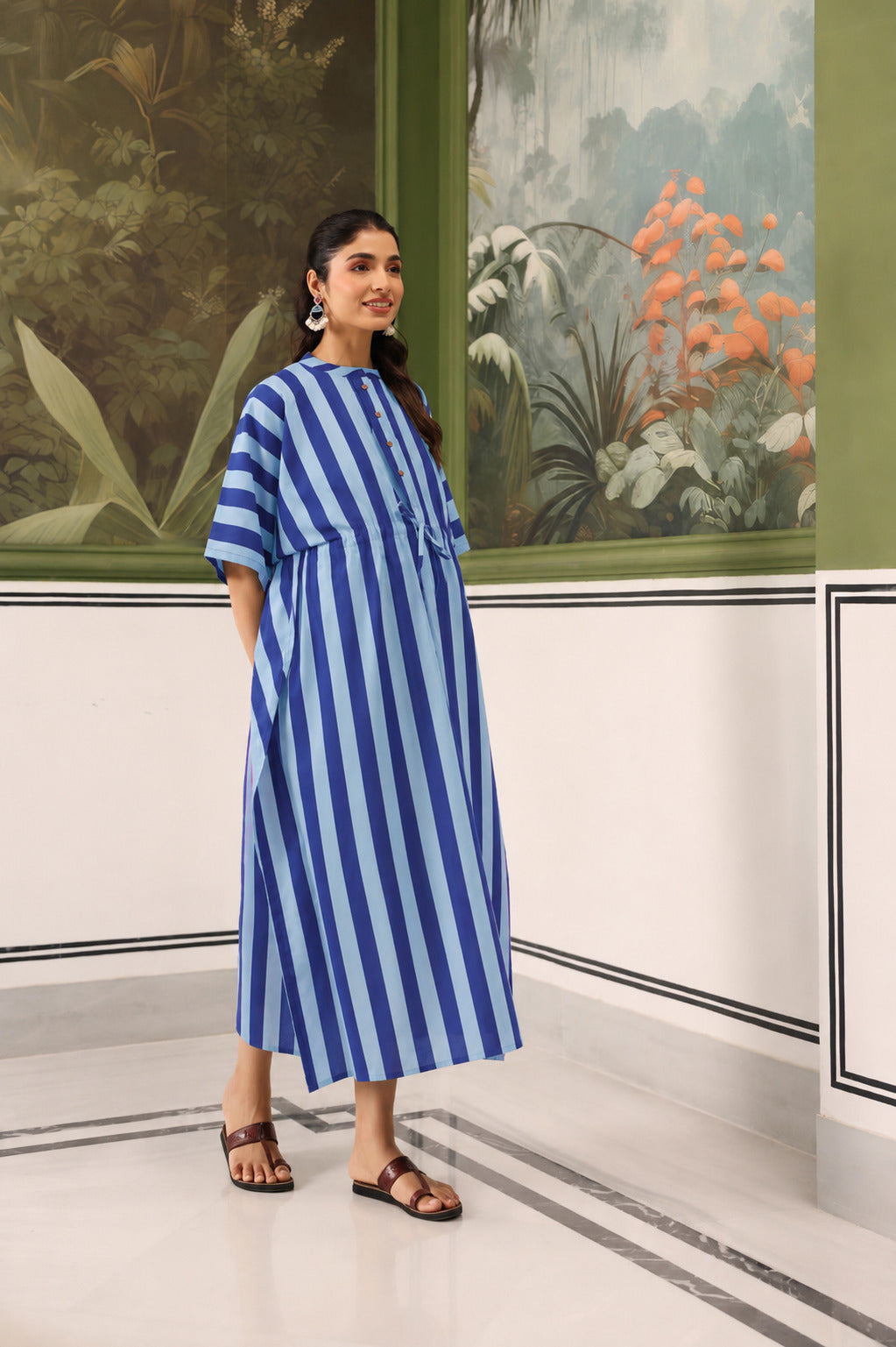 Ocean Lines Cotton Maternity - Nursing Kaftan ( One-Size )