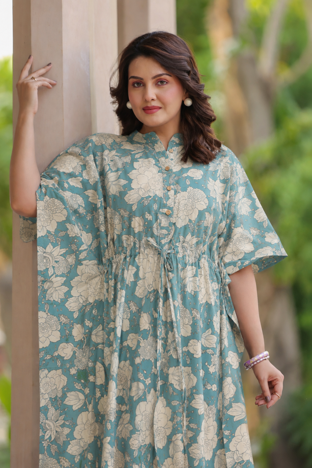 Teal Gardenia Cotton Kaftan ( One-Size )