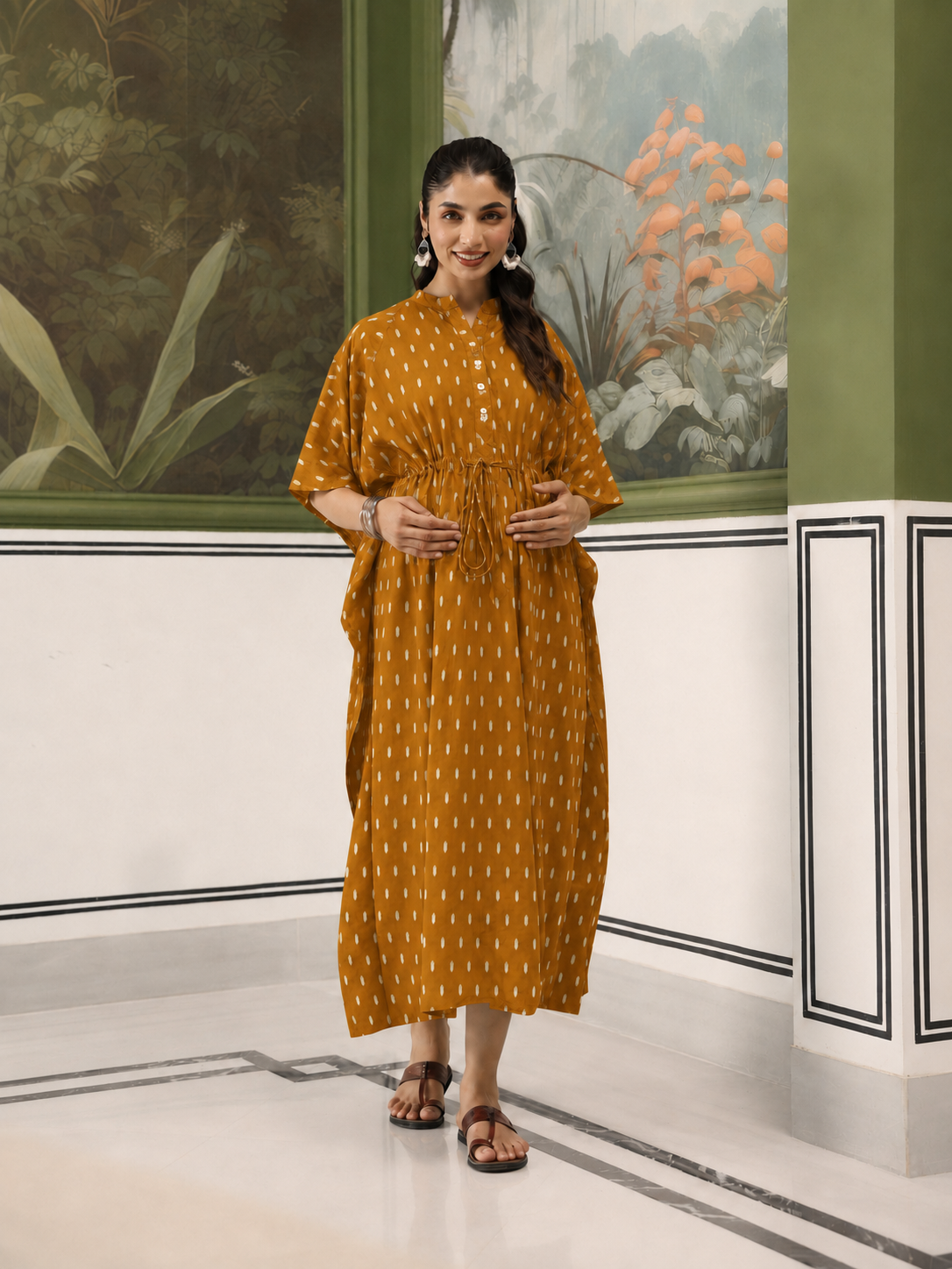 Mustard Loom Print Cotton Maternity - Nursing Kaftan ( One-Size )