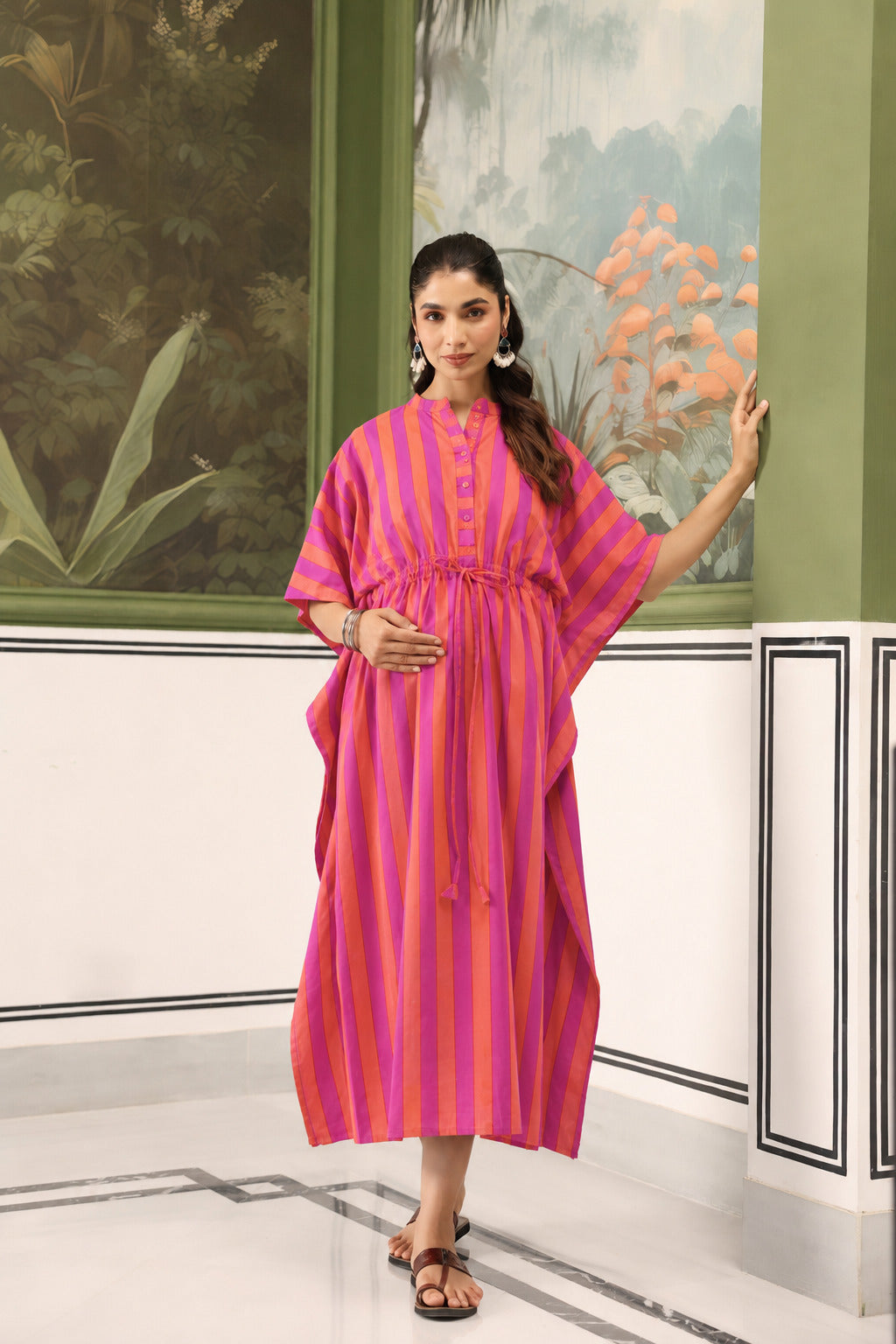 Rani Coral Stripes Cotton Maternity - Nursing Kaftan ( One-Size )