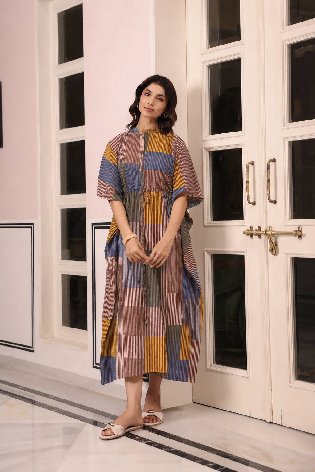 Ocean Blue Multi Panelled Cotton Kaftan ( One-Size )