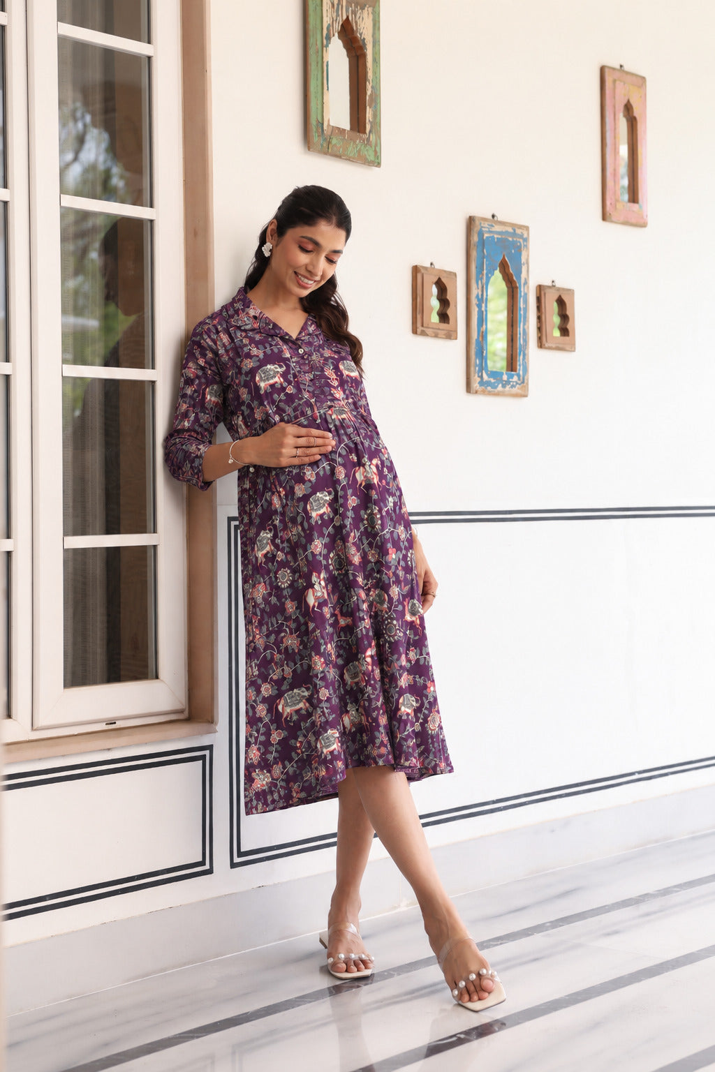 Purple Jungle Story Cotton Maternity - Nursing Dress