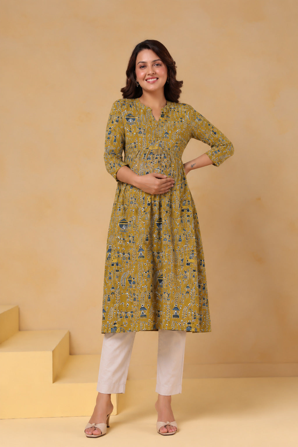 Mustard Tribal Tales Cotton Maternity - Nursing Kurti