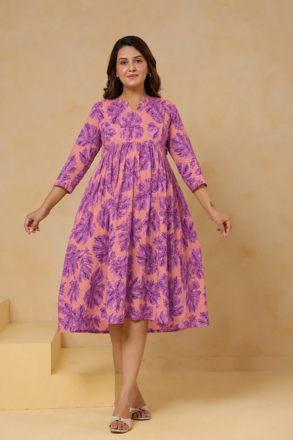 Tropical Violet Palm Cotton Maternity - Nursing Dress