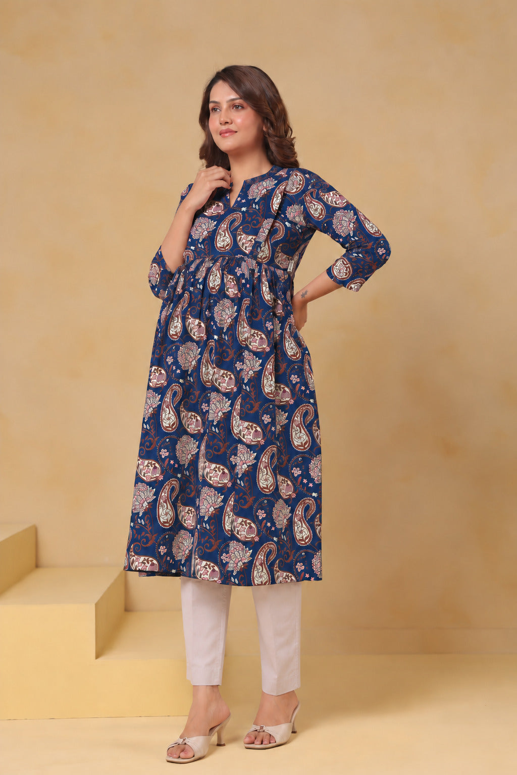 Indigo Kalamkari Buta Cotton Maternity - Nursing Kurti