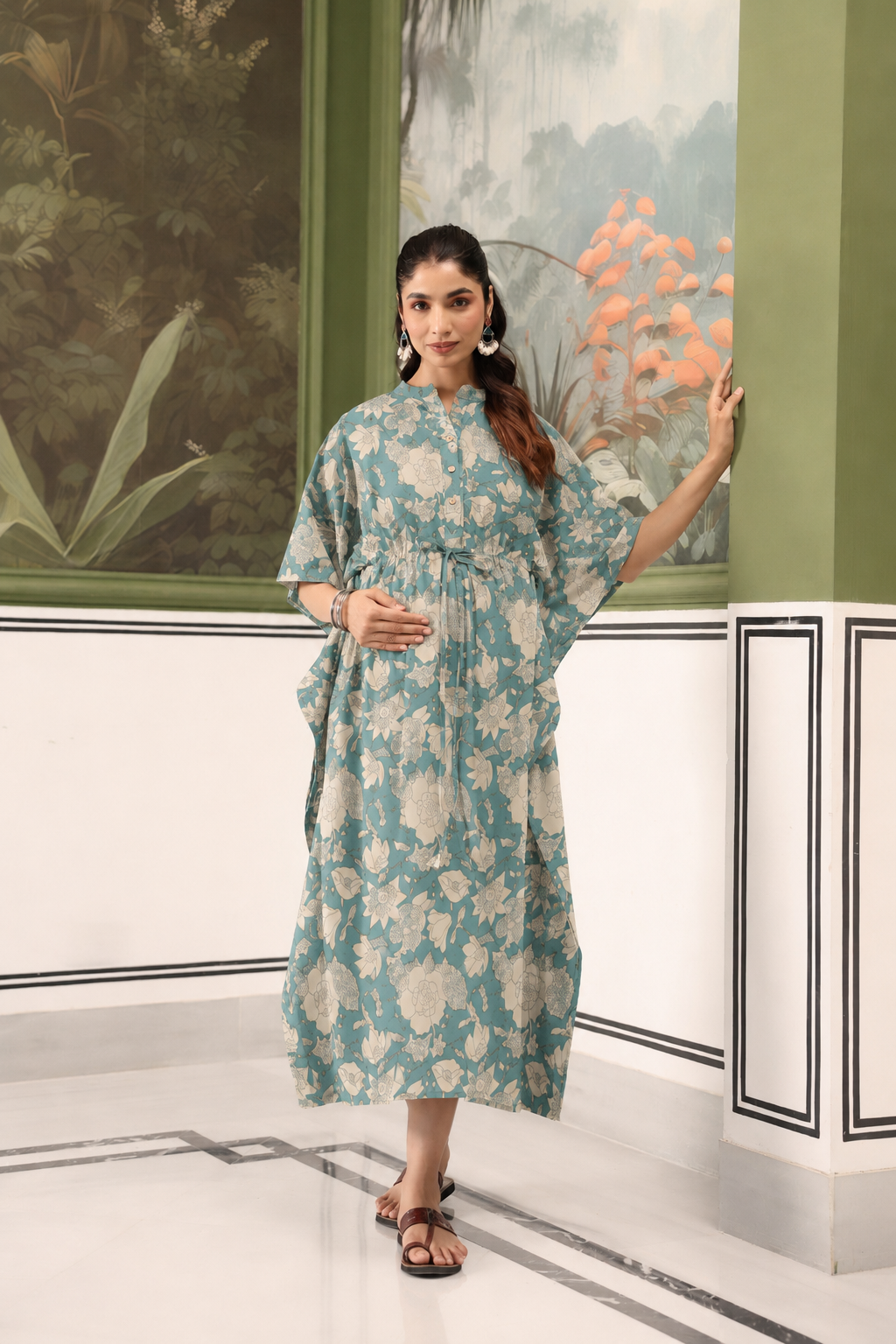 Teal Gardenia Cotton Maternity - Nursing Kaftan ( One-Size )